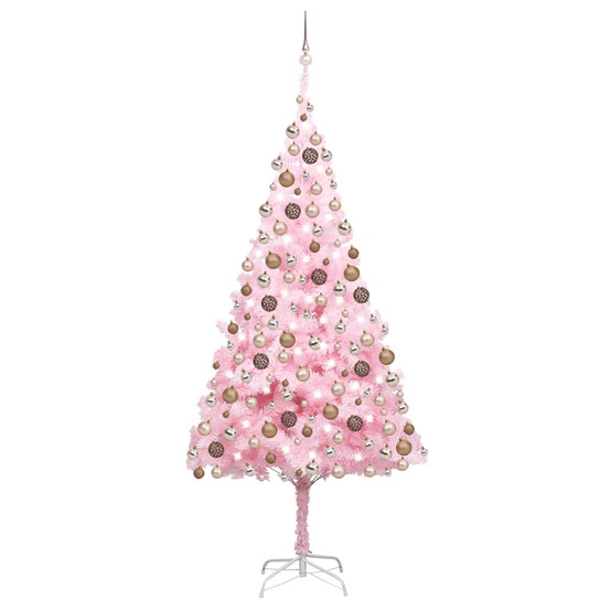Arbre de noël artificiel pré-éclairé et boules rose 210 cm pvc