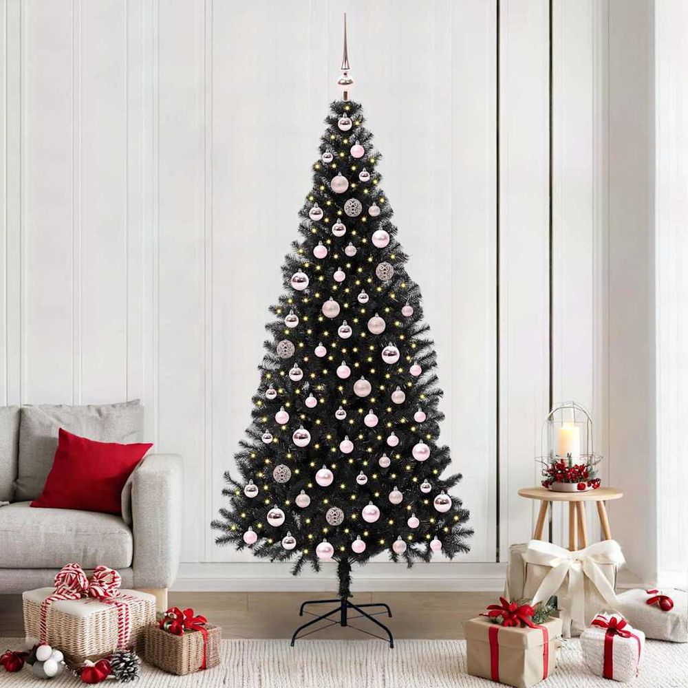Sapin de noël lumineux noir 210 cm, artificiel moderne avec 300 led blanc chaud et décorations