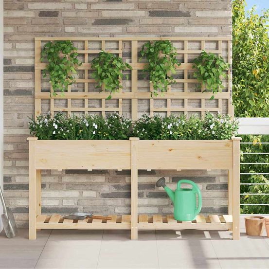 Jardinière bois avec treillis et étagère pour plantes grimpantes 161cm beige