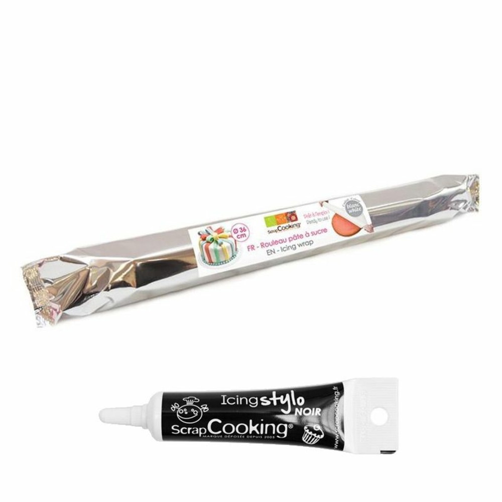 Rouleau pâte à sucre blanche ø 36 cm + stylo glaçage noir