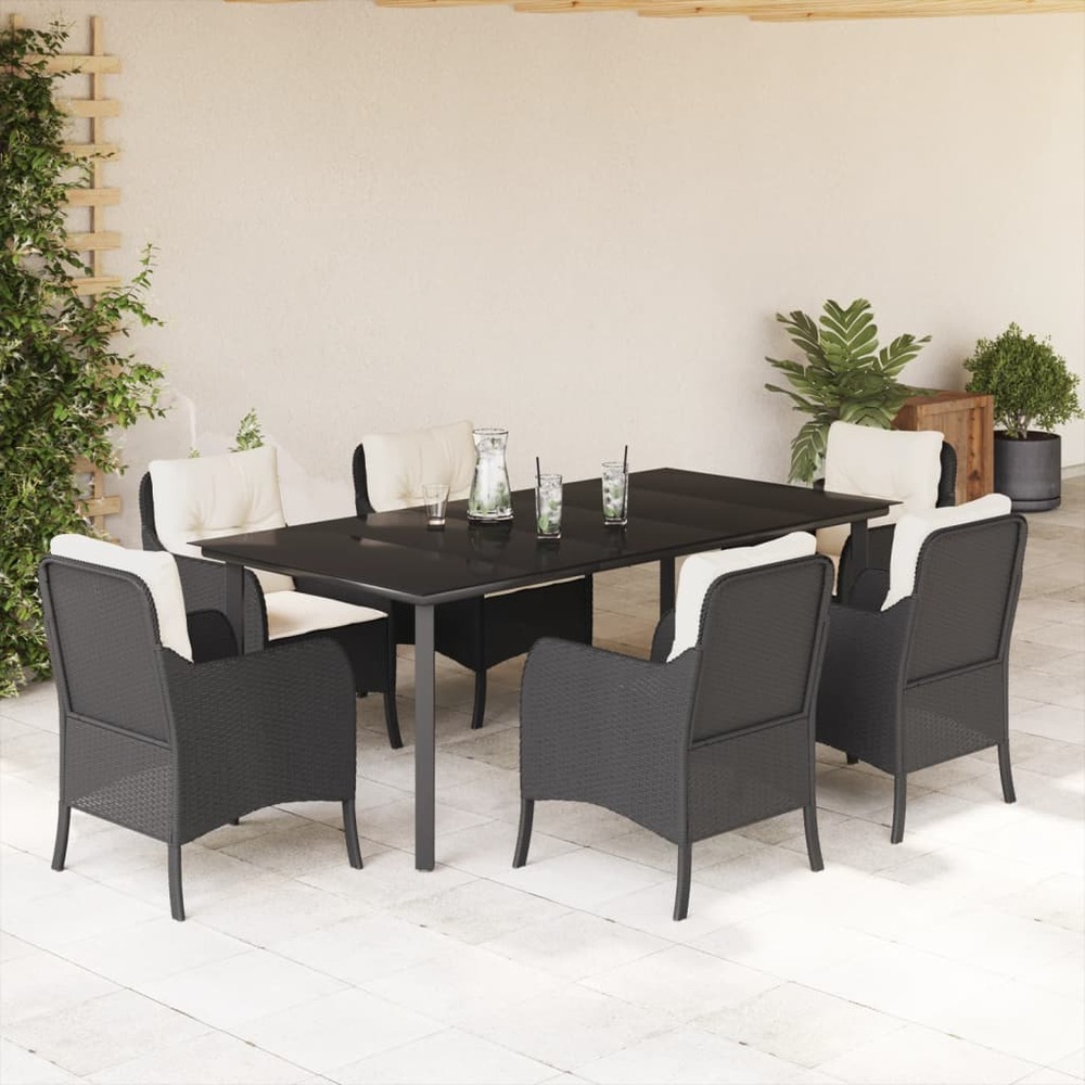 Ensemble à manger de jardin coussins 7pcs noir résine tressée