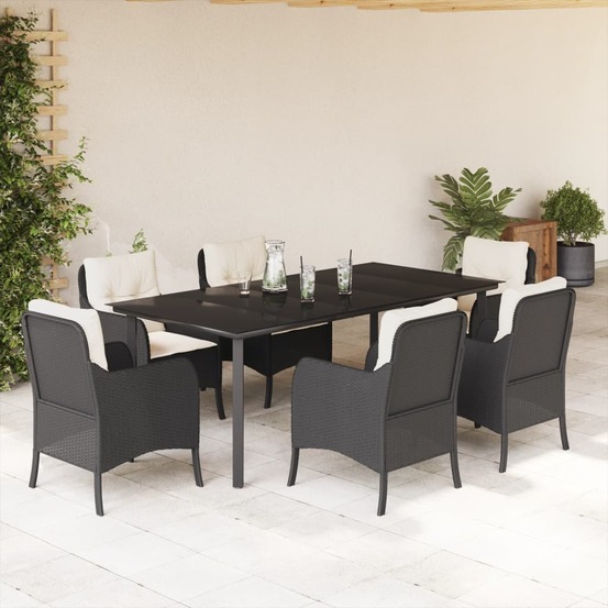 Ensemble à manger de jardin coussins 7pcs noir résine tressée