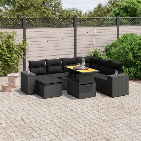 Salon de jardin 8 pcs avec coussins noir résine tressée