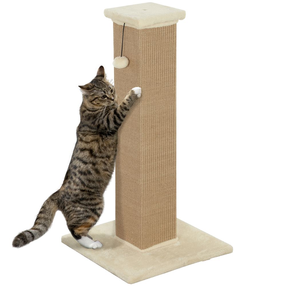 Poteau griffoir haut pour chat 81 cm en jute avec balle de jeu et base stable beige
