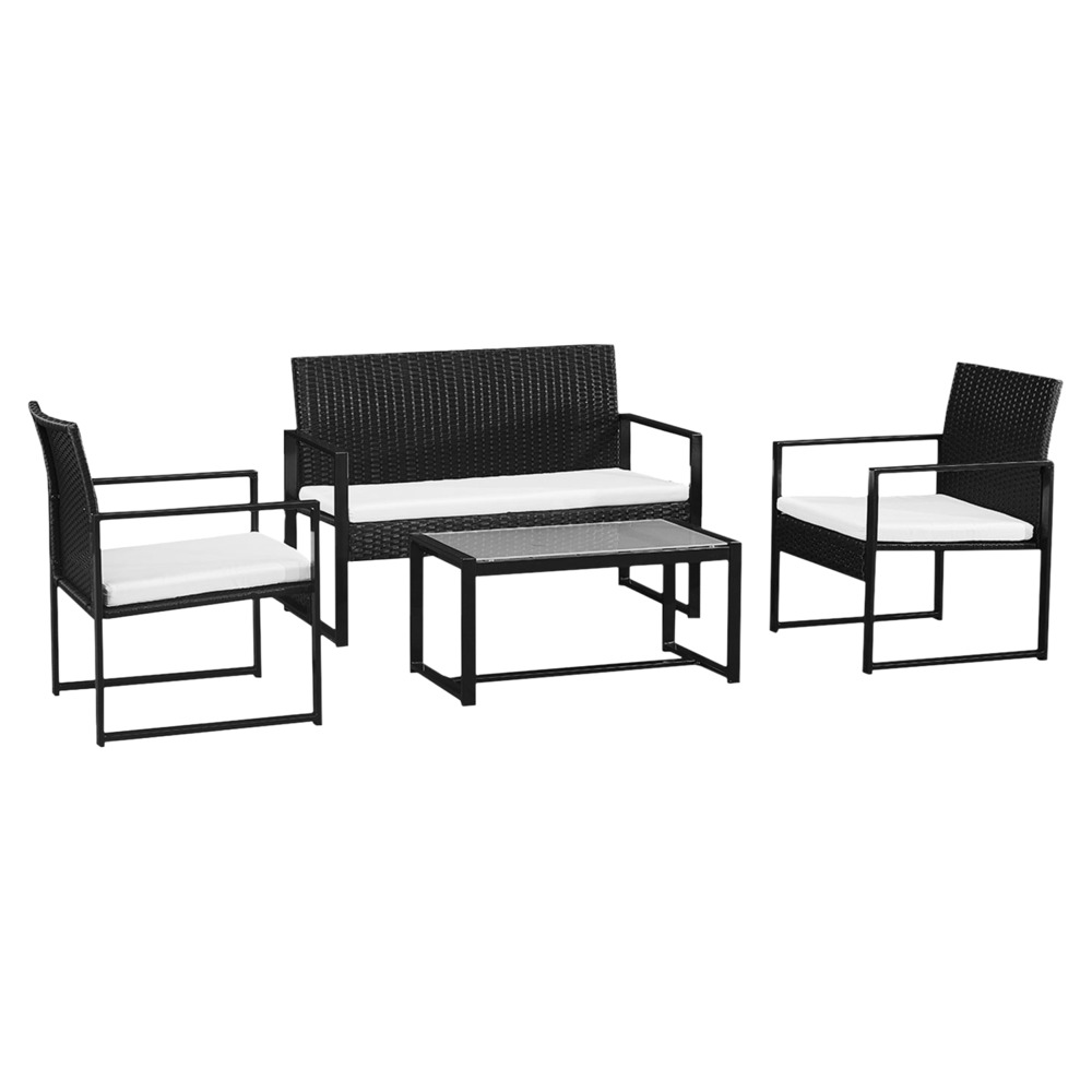 Salon de jardin majorque en résine tressée noir 4 places - coussins ivoire