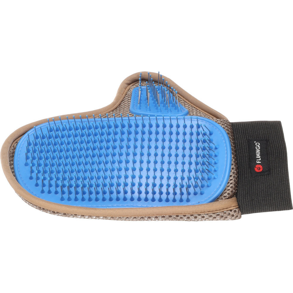 Gant de brossage avec picots métal taupe et bleu pour chien