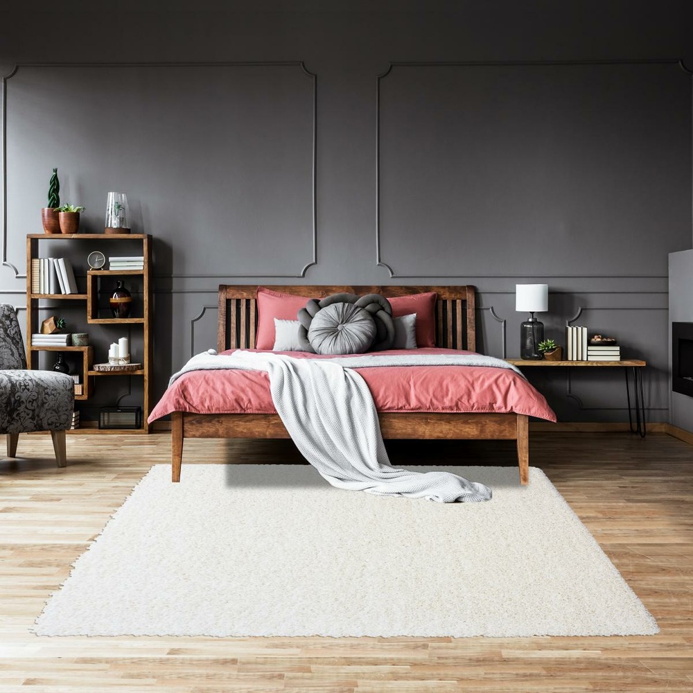 Tapis poils longs shaggy ø200cm rond tissé crème motif uni uni l