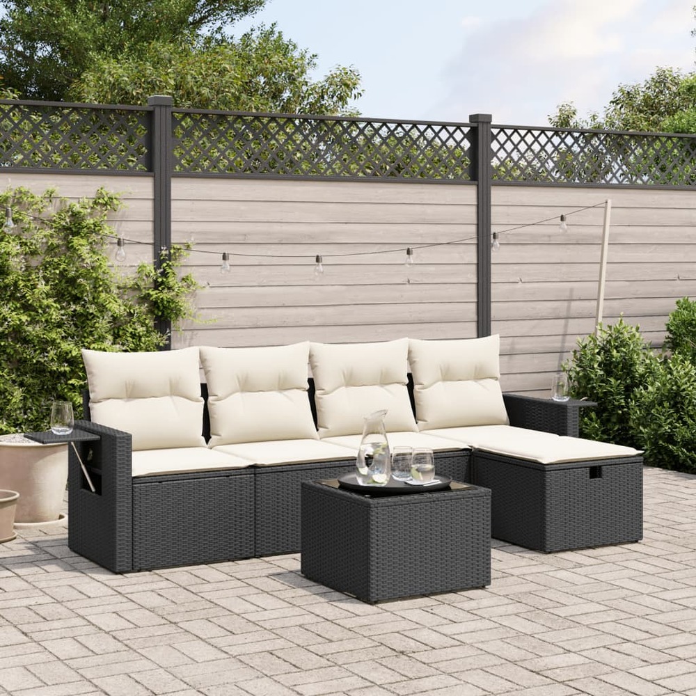 Salon de jardin 6 pcs avec coussins noir résine tressée