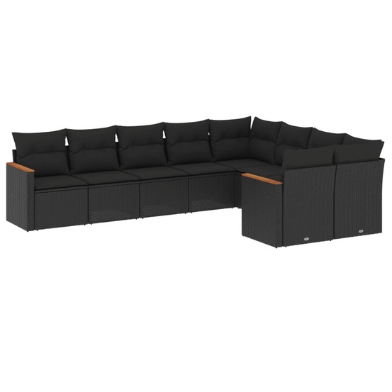 Salon de jardin 9 pcs avec coussins noir résine tressée