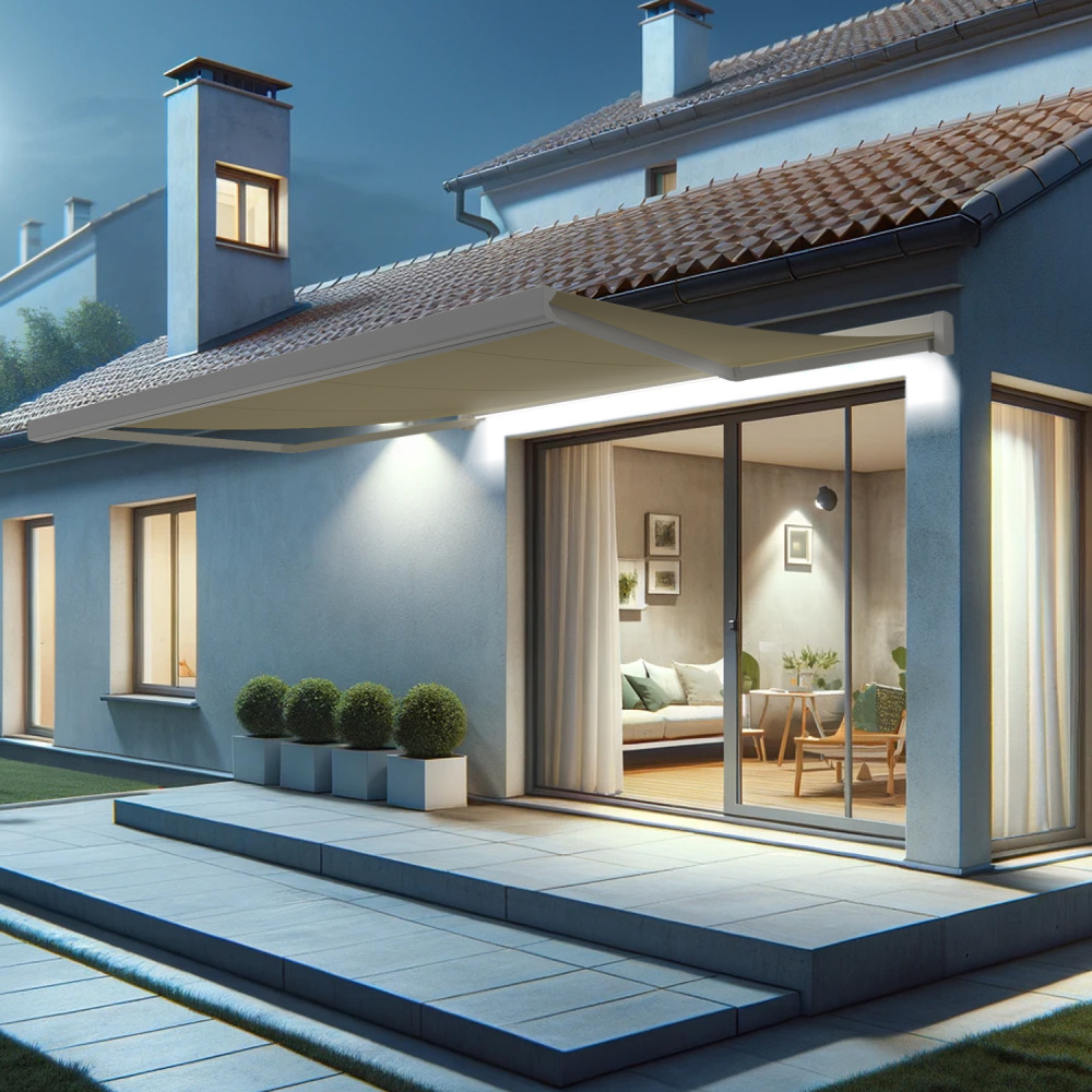 Store banne coffre intégral soa 4,10x3,50 m (motorisé secours à télécommande + led - blanc satiné ral9010 - écru)