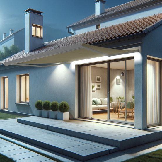 Store banne coffre intégral soa 4,10x3,50 m (motorisé secours à télécommande + led - blanc satiné ral9010 - écru)