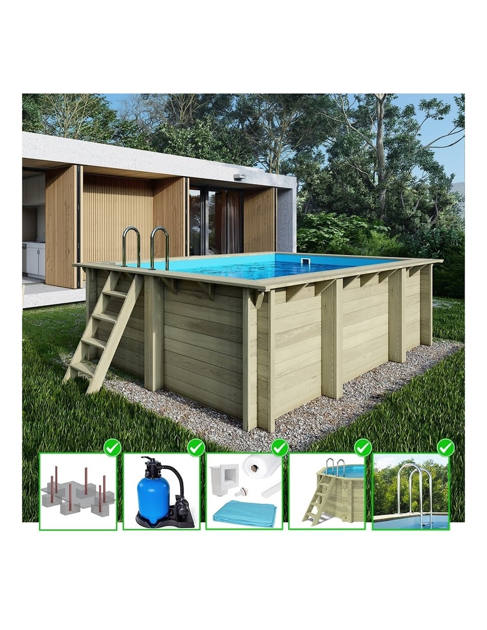 Piscine en bois aqua 4,65x2,85 - h.1,24 m fixations à sceller - bas7306ospi - altanka