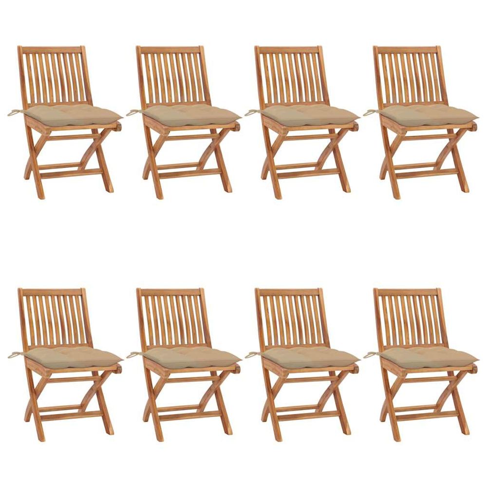 Chaises pliantes avec coussins, 8 pièces, en teck massif