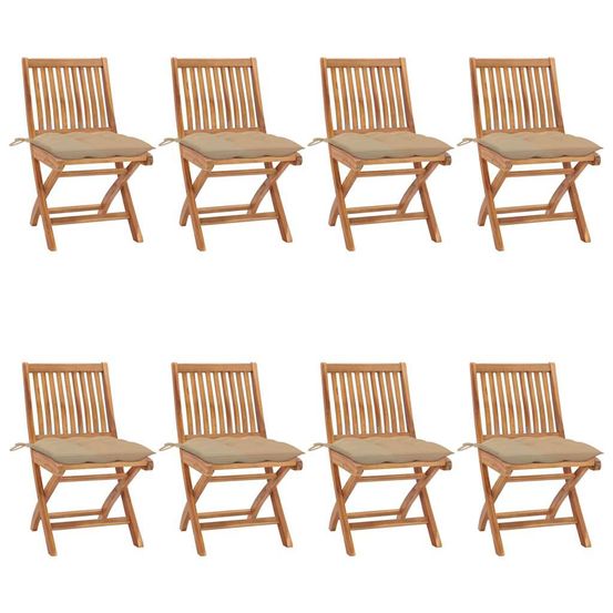 Chaises pliantes avec coussins, 8 pièces, en teck massif