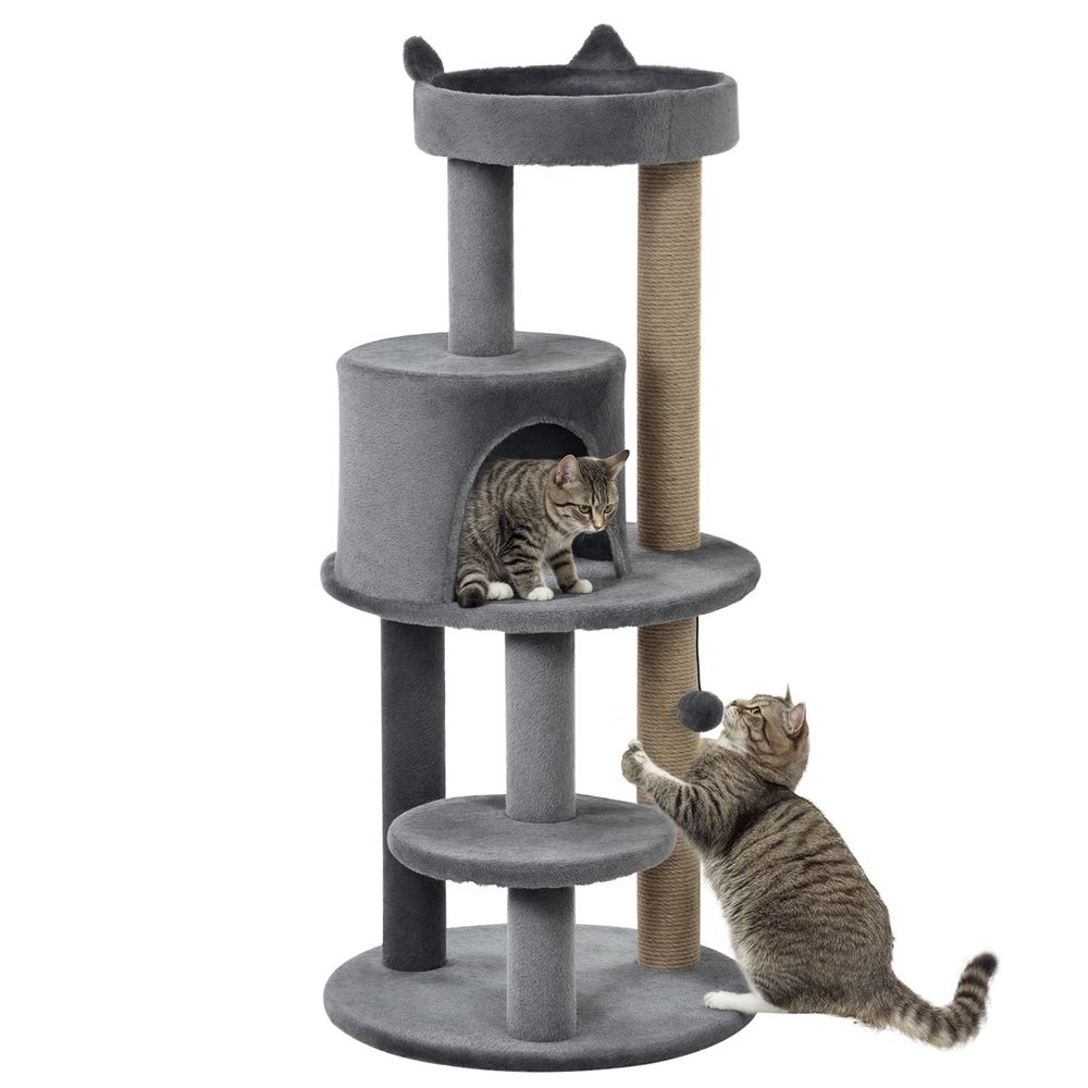 Arbre à chat 104 cm avec niche griffoirs sisal et design oreilles de chat gris