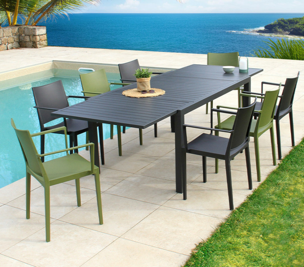Ensemble table et chaises de jardin - 8 places - gris et vert olive - guetharos