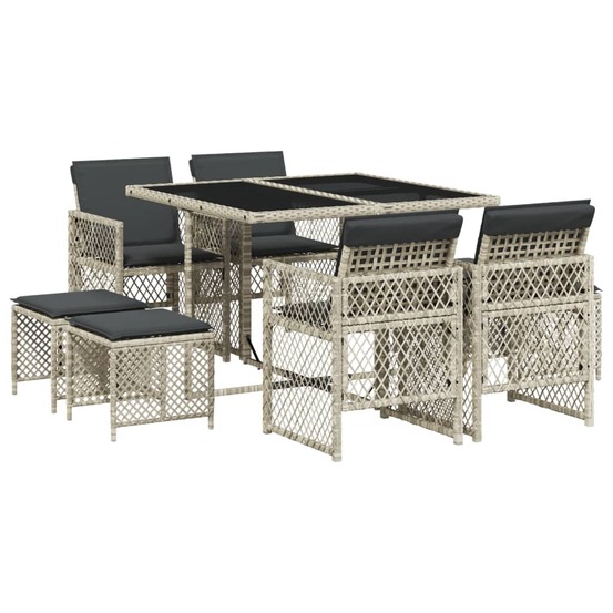 Ensemble à manger de jardin et coussins 9 pcs gris clair rotin