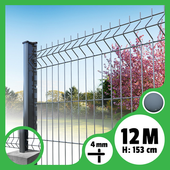 Kit grillage rigide poteaux h - longueur 12 mètres - 153 cm, gris anthracite, a sceller