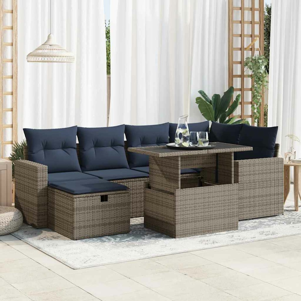 Salon de jardin avec coussins 7pcs gris résine tressée acacia