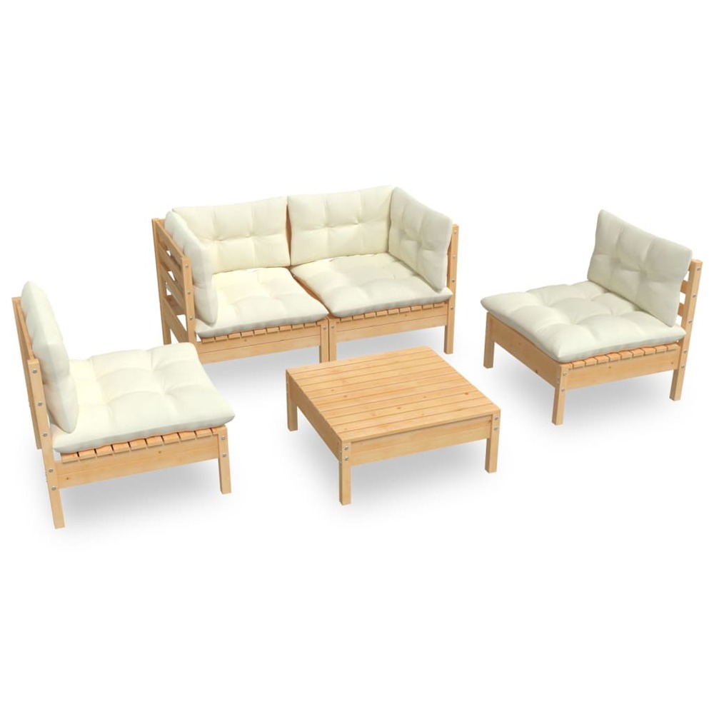Salon de jardin meuble d'extérieur ensemble de mobilier 5 pièces avec coussins crème bois de pin massif