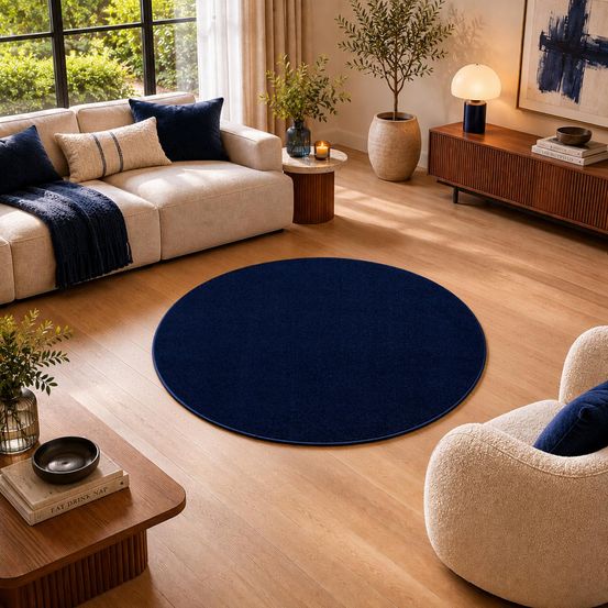 Tapis rond salle de réception ø120cm tissé bleu marine rond motif uni nossa
