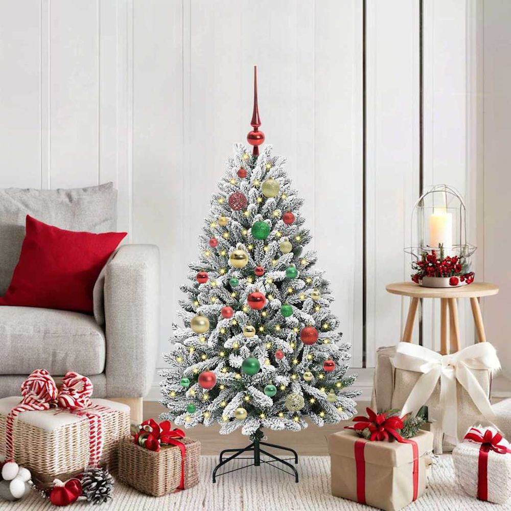 Sapin de noël artificiel enneigé 120 cm, kit complet avec lumières led et 61 boules