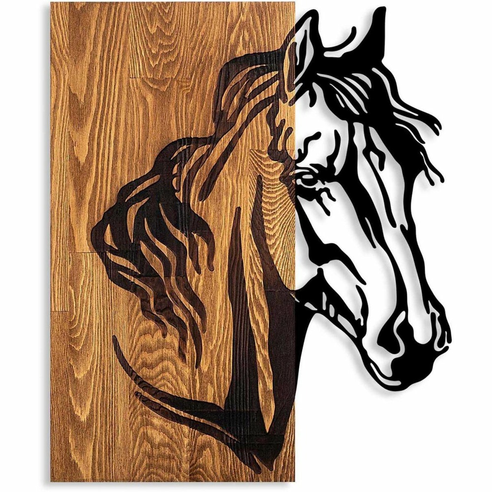 Décoration murale en bois et métal walnut cheval