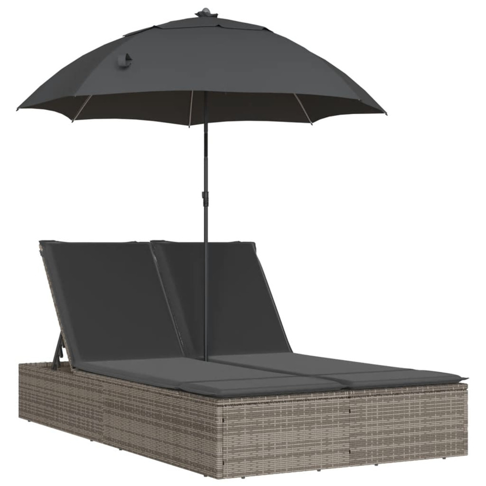 Chaise longue double et coussins et parasol gris résine tressée bain de soleil