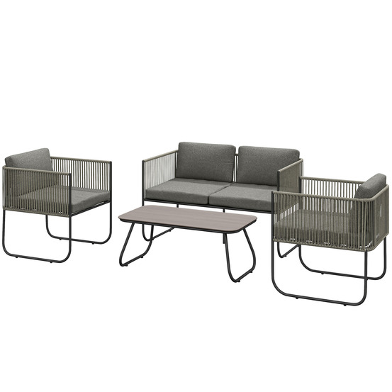 Salon de jardin polyrotin : canapé + fauteuil + table + coussins, résistant, 116x60x69 cm, marron+gris foncé