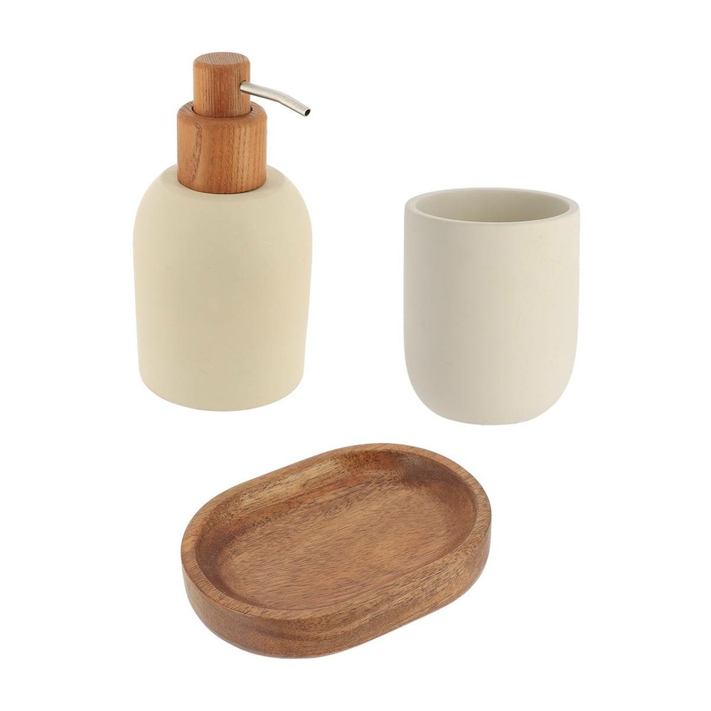 Set gobelet distributeur a savon et porte savon polyresine ciment et acacia arrondi - beige