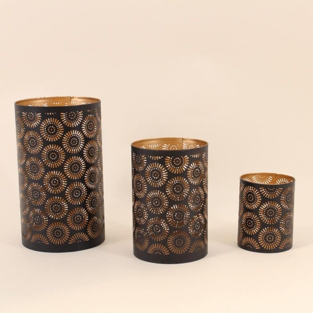 Set de 3 lanternes découpe ajourée fleurs noir & or
