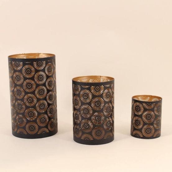 Set de 3 lanternes découpe ajourée fleurs noir & or