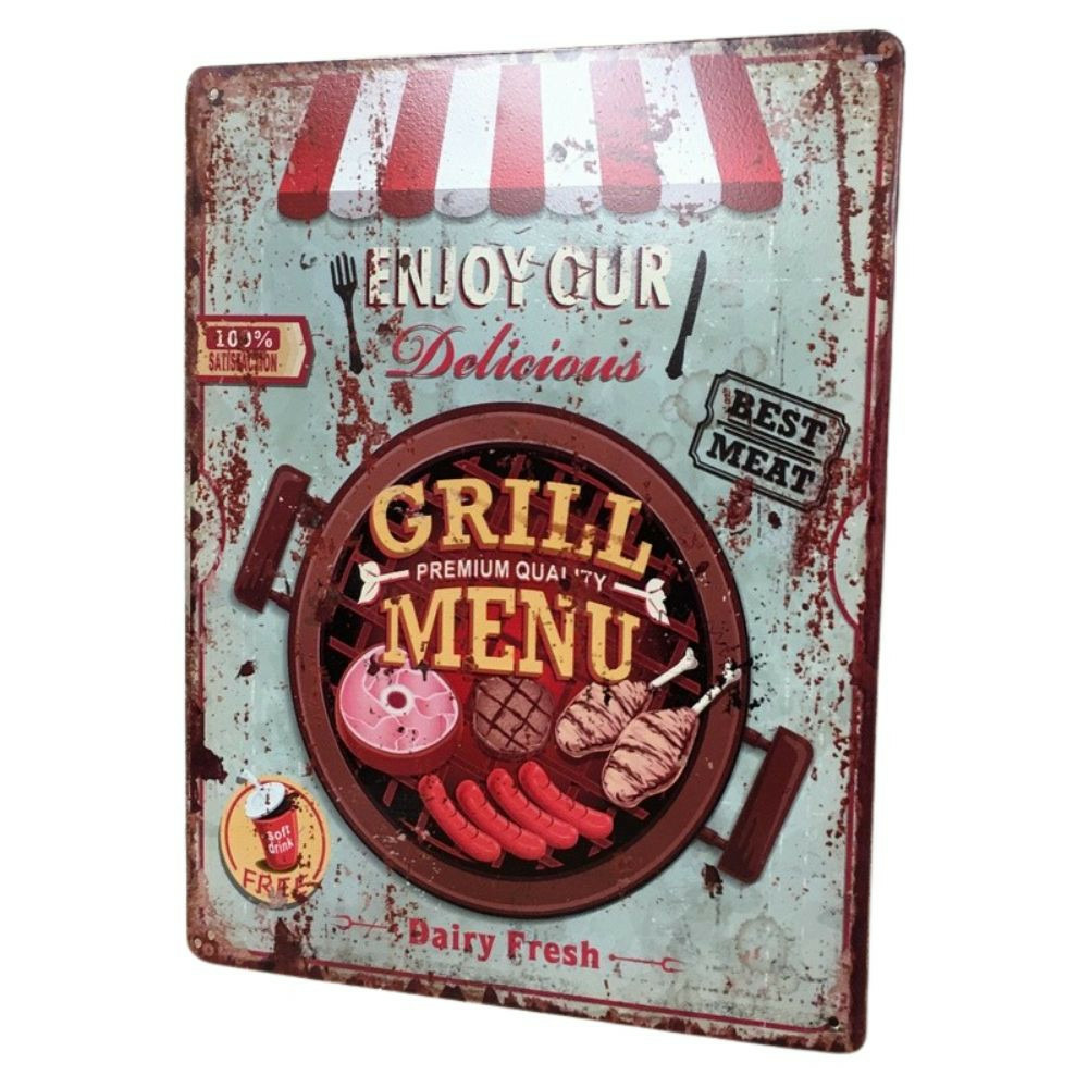 Plaque murale décorative vintage métal multicolore grill menu 33x25cm