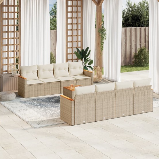 Salon de jardin avec coussins 9 pcs beige résine tressée