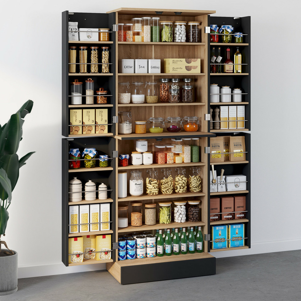 Buffet haut armoire de cuisine h.160 cm alto 4 portes avec rangements façon hêtre et noir