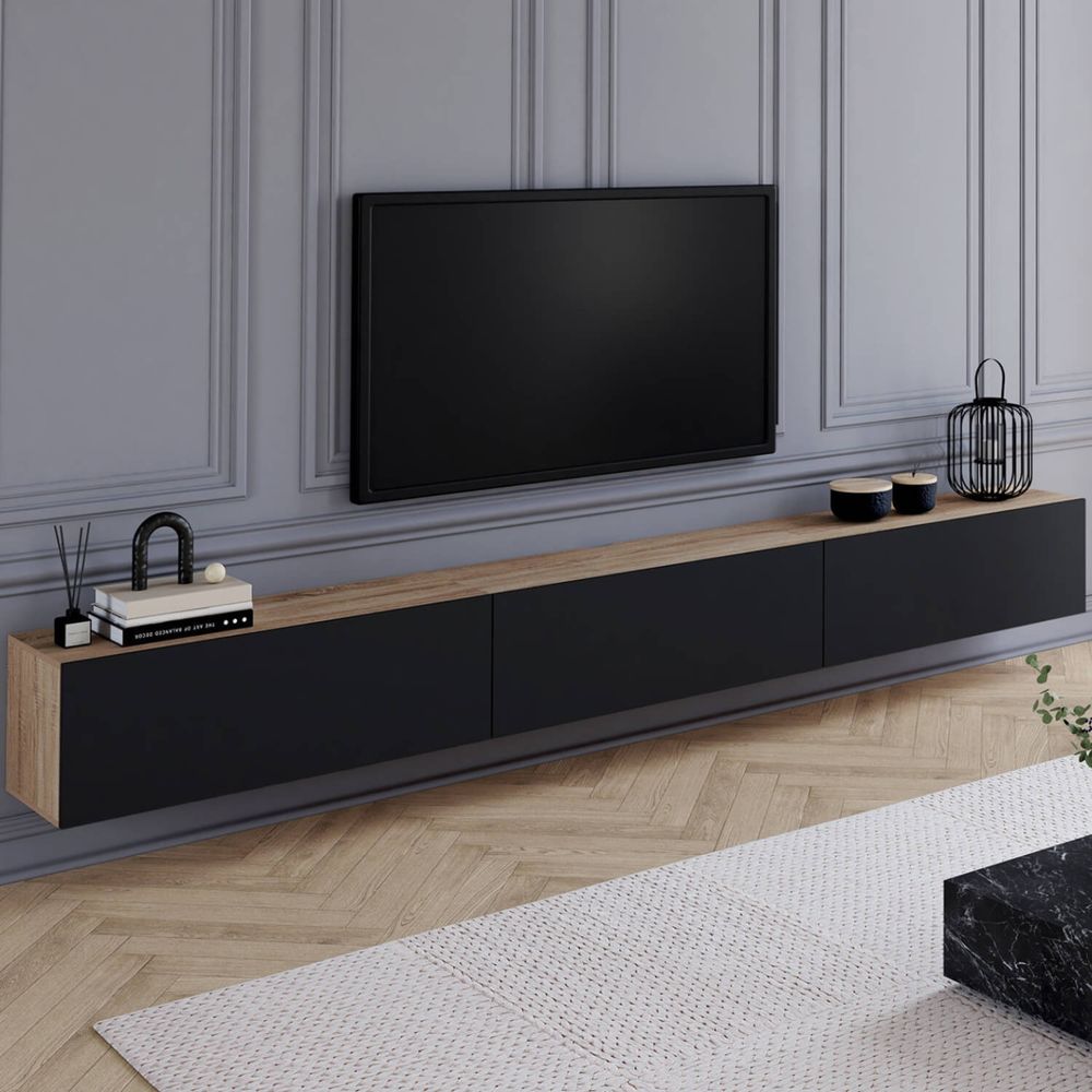 Meuble tv 270 cm suspendu elio 3 portes bois et noir