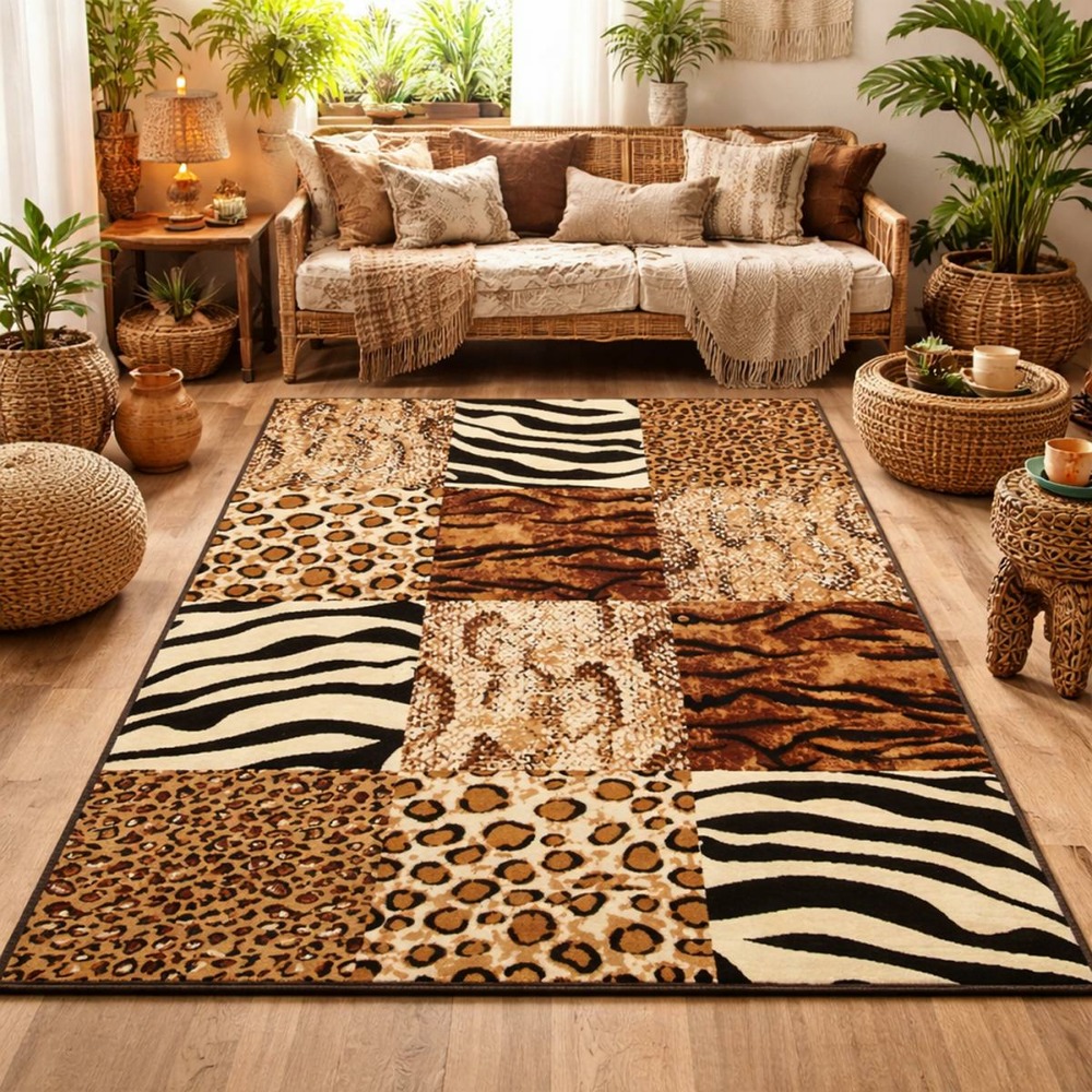 Tapis salle à manger 235x320 tissé beige rectangle motif animaux lyn1 savana