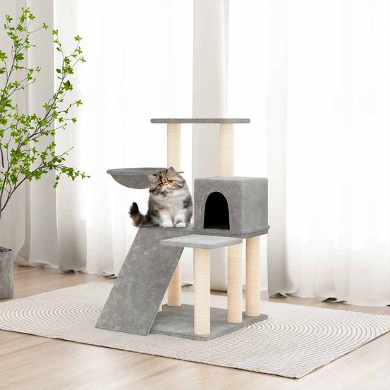 Arbre à chat 82 cm avec hamac et niche griffoir en sisal gris clair