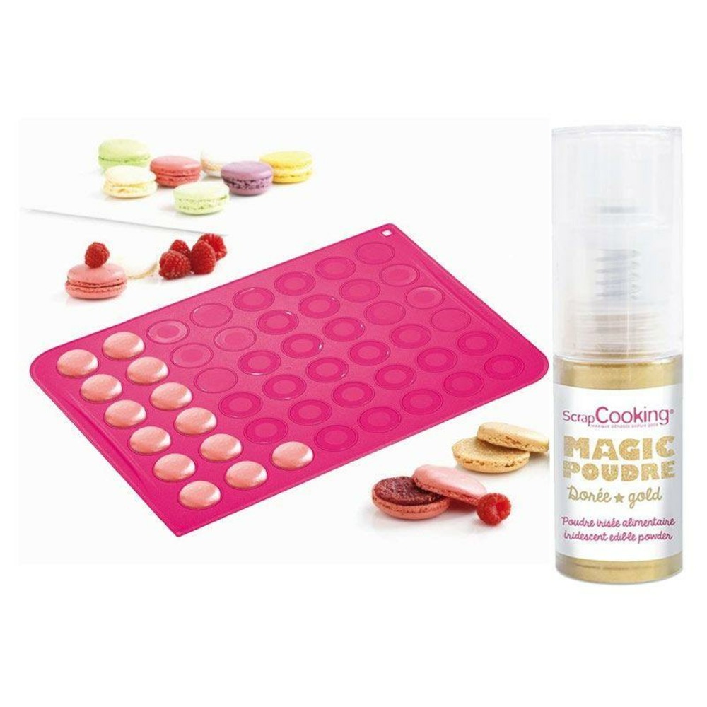 Tapis silicone pour macarons + 1 poudre alimentaire irisée dorée