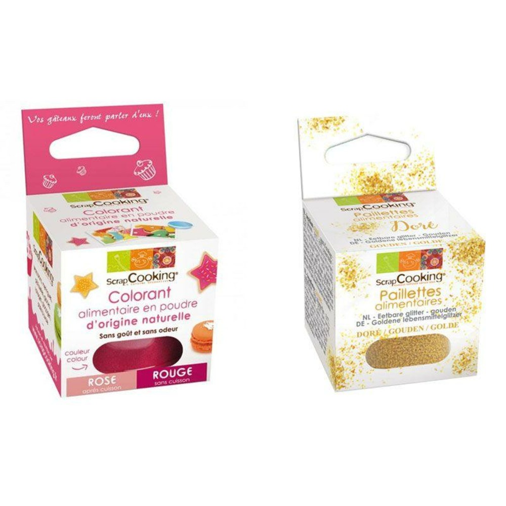Colorant alimentaire rouge + paillettes dorées