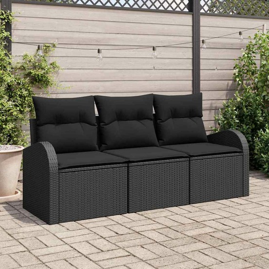 Ensemble de canapé de jardin avec coussin 3 pcs noir poly rotin