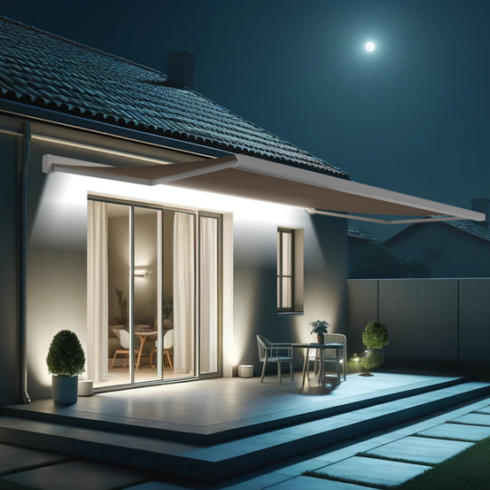 Store banne coffre intégral soa 6,00x3,50 m (motorisé secours à télécommande + led - blanc satiné ral9010 - taupe)