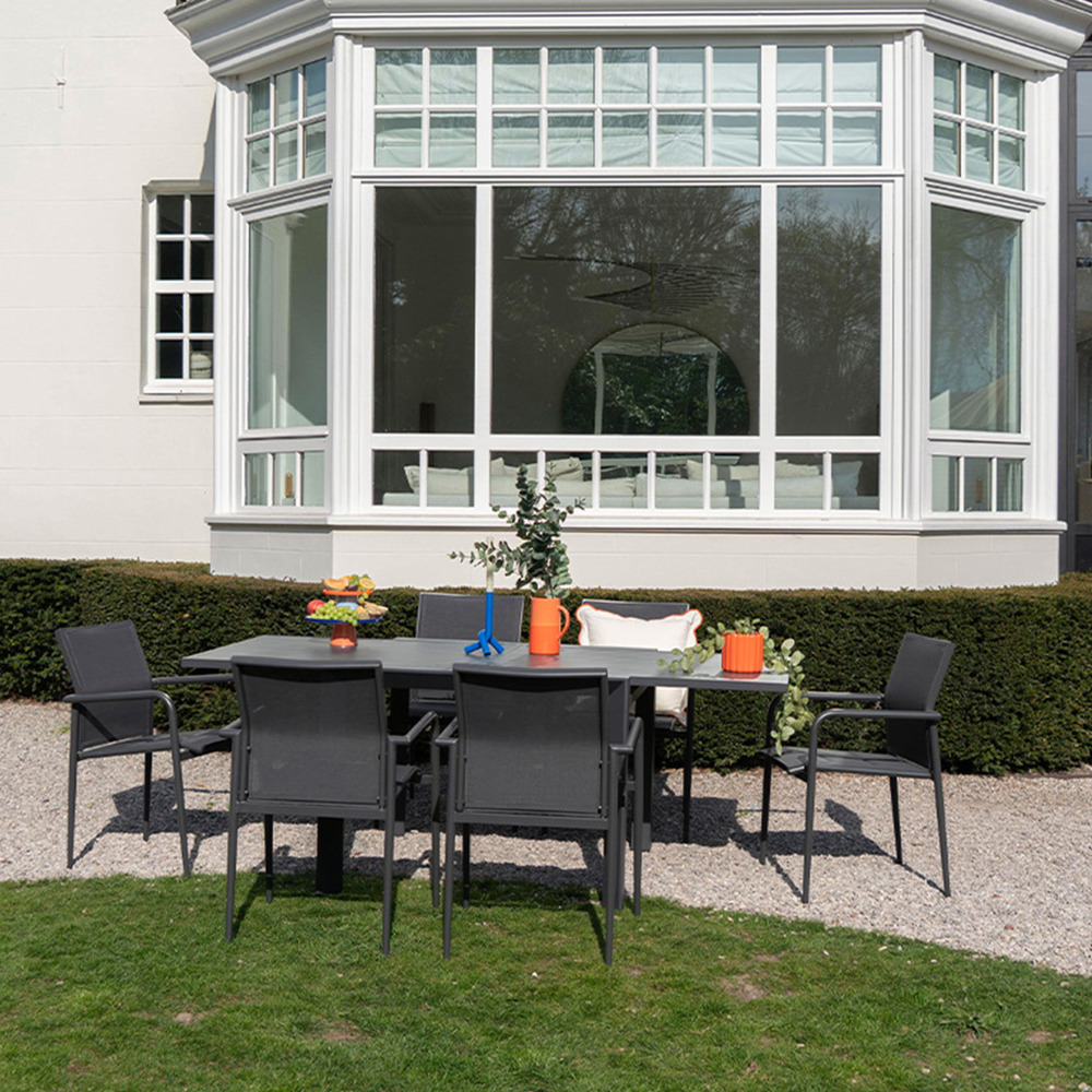 Ensemble 4/8p en full aluminium gris avec 6 fauteuils modulo