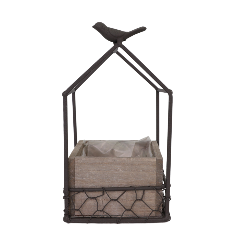 Jardinière extérieure pot fleurs jardin bois métal marron 12x12x20.5cm