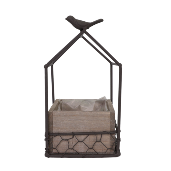 Jardinière extérieure pot fleurs jardin bois métal marron 12x12x20.5cm