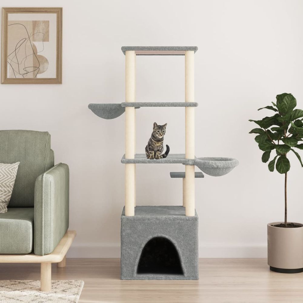 Grand arbre à chat 147 cm avec paniers niche et griffoirs gris clair