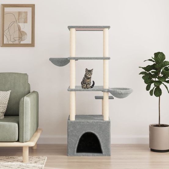 Grand arbre à chat 147 cm avec paniers niche et griffoirs gris clair