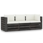 Canapé de jardin meuble extérieur 3 places avec coussins bois imprégné de gris