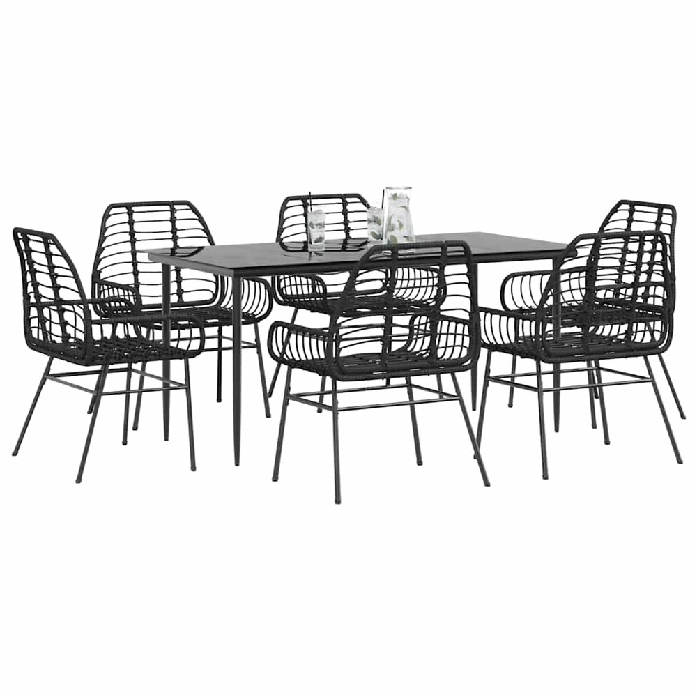 Ensemble à manger de jardin 7pcs noir poly rotin verre
