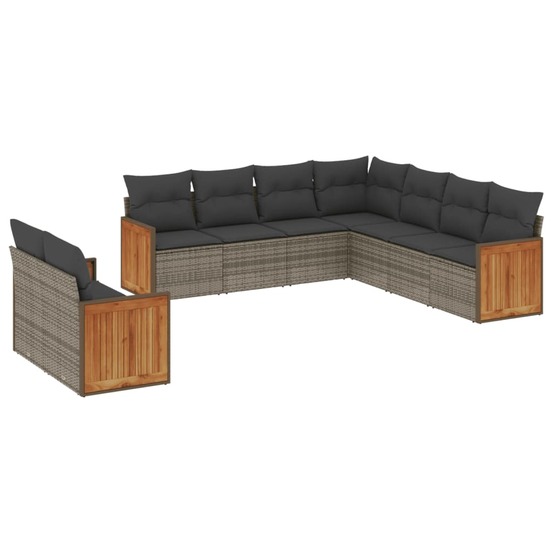 Salon de jardin 9 pcs avec coussins gris résine tressée